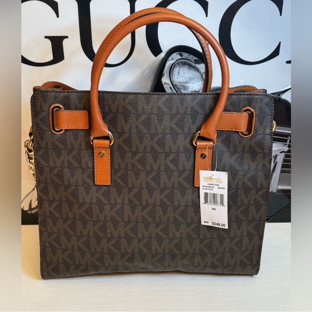 Michael Kors Hamilton Brown & Tan Satchel with Gold Accents and matching wallet - Picture 4 of 14